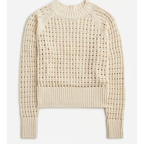 J. Crew 2024 Pointelle Crew Neck Sweater XS Beige Cream Open Knit 100% Cotton - Picture 1 of 7